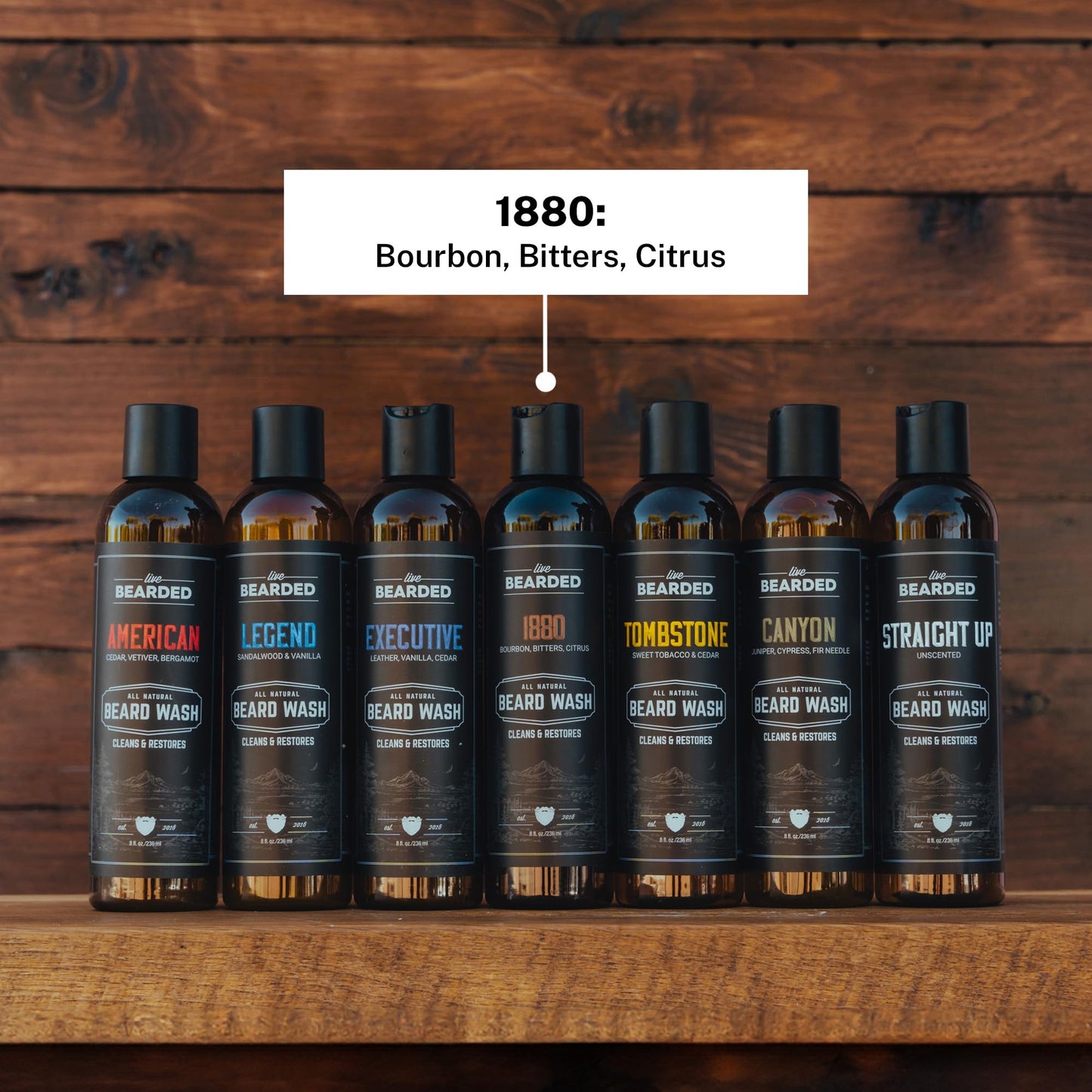 Live Bearded Beard Wash, 8 fl oz - Water-Based Face Cleanser with All-Natural Ingredients for a Gentle, Deep Clean - Made in the USA | 1880 Scent - Bourbon, Bitters, Citrus