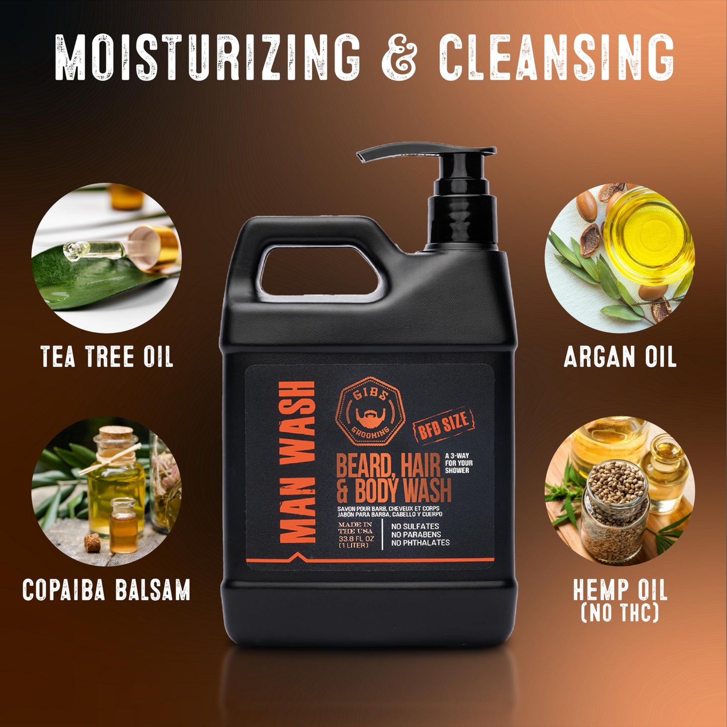 GIBS Grooming - Amber Man Wash (12 fl oz) 3-in-1 Beard, Hair, Body Soap - Citrus, Oak, Basil Scent - Sulfate Free - Tea Tree Oil, Hemp Oil, Protein - Mens Body Wash & Mens Shampoo - Made in USA