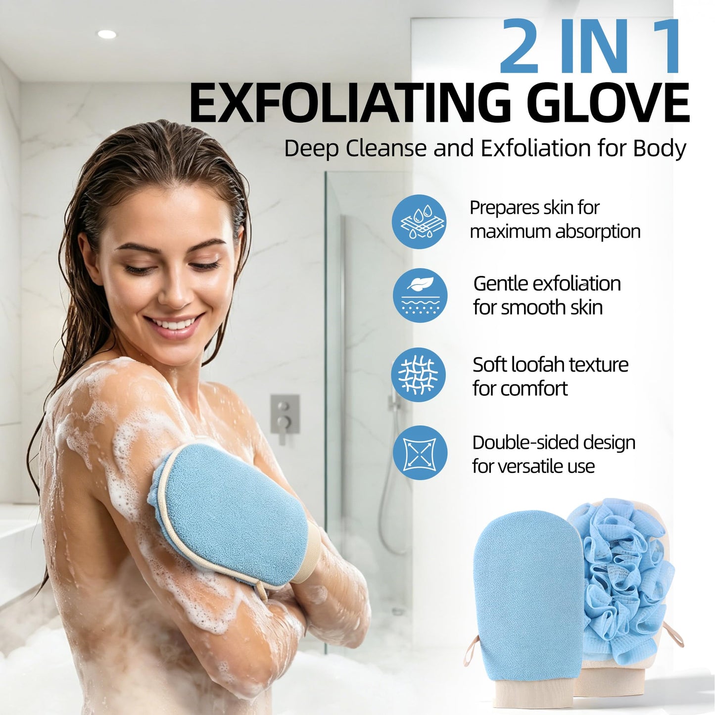 2-in-1 Exfoliating Glove for Self Tan Removal & Daily Shower, Dual-Sided Korean Body Scrubber Mitt with Loofah Sponge, Dead Skin Remover for KP, Ingrown Hair & Smooth Skin