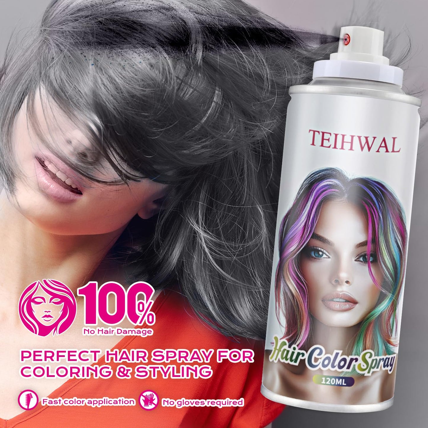 TEIHWAL Temporary Hair Color Spray Gray Hair Spray,One Time Use Grey Hair Dye for Christmas Halloween Cosplay Party-Gray