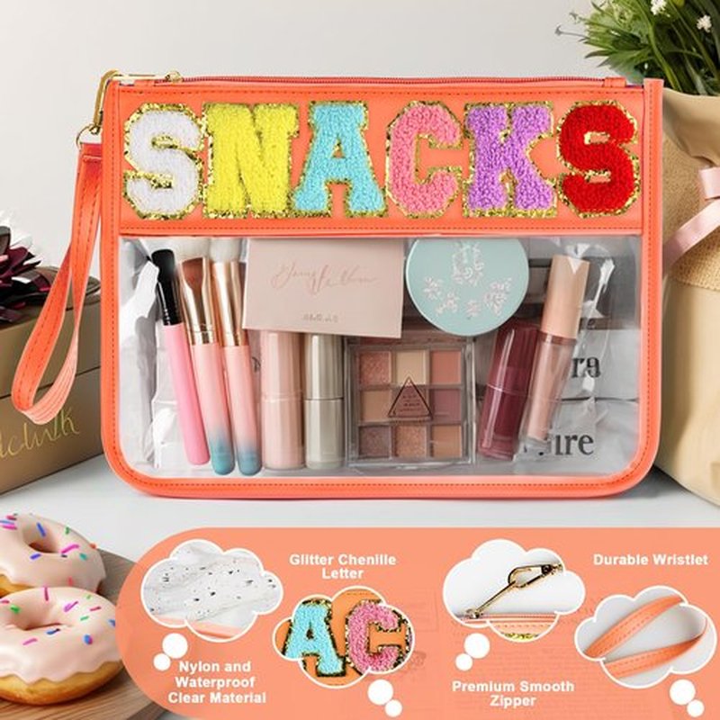 Snack Bag for Travel - Clear Chenille Varsity Letter Flat Pouch with Zipper, Waterproof Clear PVC&PU Preppy Patch Makeup Cosmetic tote Bags for Women Girls (Orange-Snacks)
