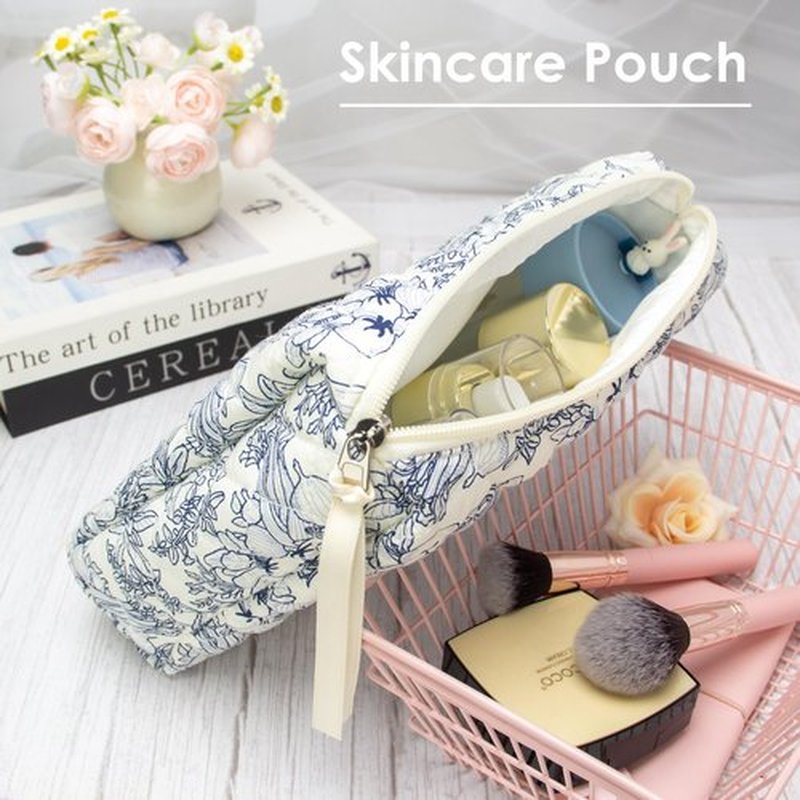 PAZIMIIK Cotton Makeup Bag for Women Large Quilted Travel Cosmetic Pouch Girls' Make Up Organizer,Flower White