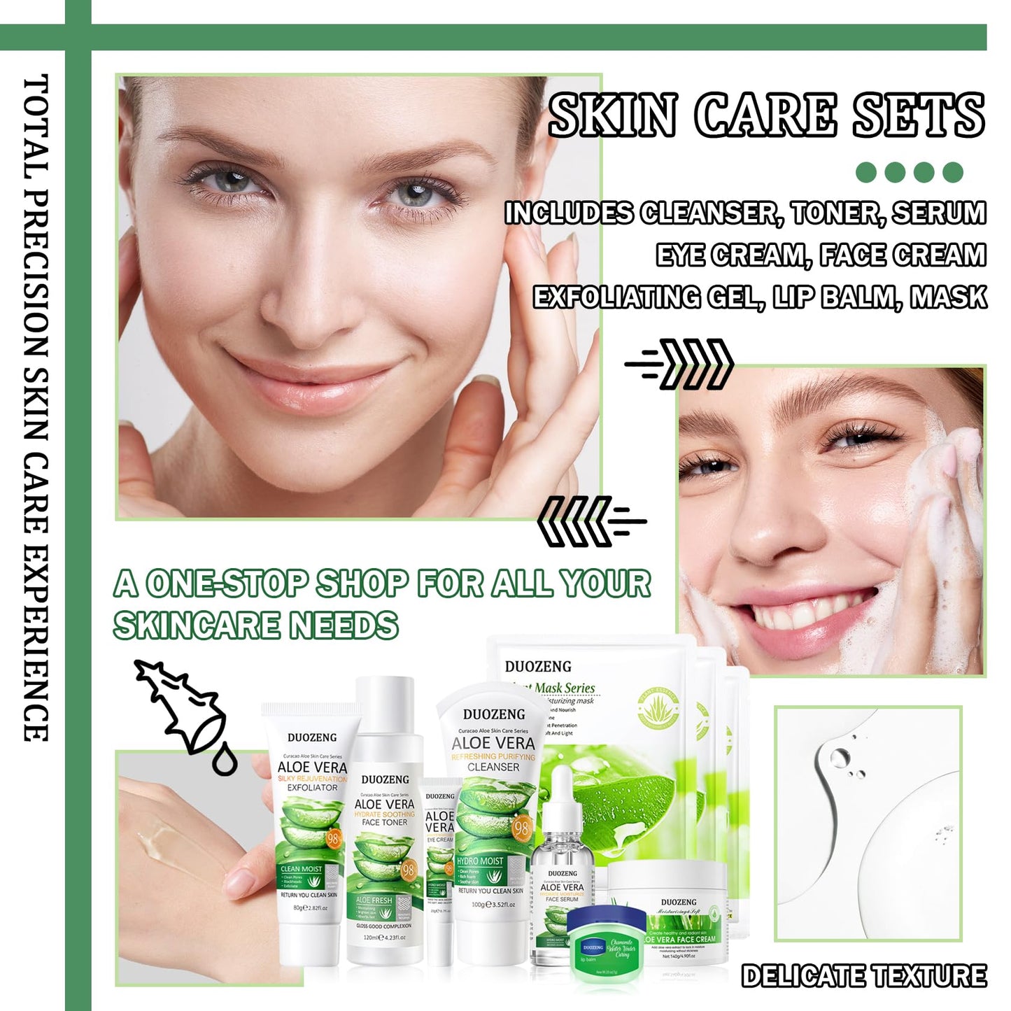 DuoZeng Skin Care Kit,Skincare Gift Set with Facial Cleanser,Toner,Serum,Eye Cream, Face Cream,Exfoliating Gel,Sleeping Lip Mask & 3 Pcs Aloe Vera Mask Kit for Women(10 Count)