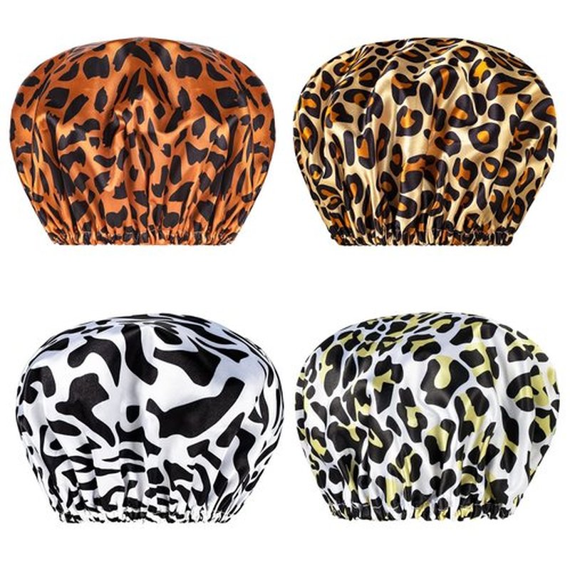 AmazerBath Shower Cap for Women, 4 Pieces Waterproof Shower Caps, Fashionable Reusable Bath Caps, EVA Hair Cap for Double Waterproof Layers Elastic Bathing Hat for Ladies Spa Salon, Medium Size