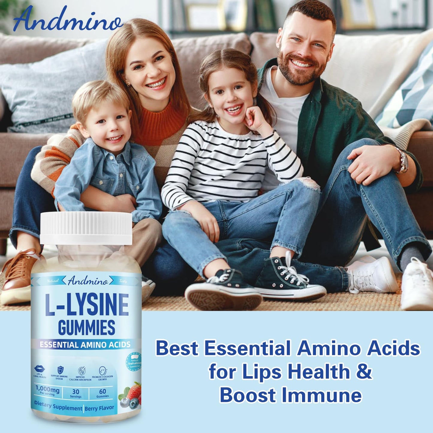 andmino L-Lysine Gummies 1000 mg, with Trehalose, L Lysine Gummies for Lips & Oral Wellness, Immune Support & Collagen & Calcium, for Adults & Kids, Non-GMO, Vegan, Gluten Free, Berry Flavor, 60