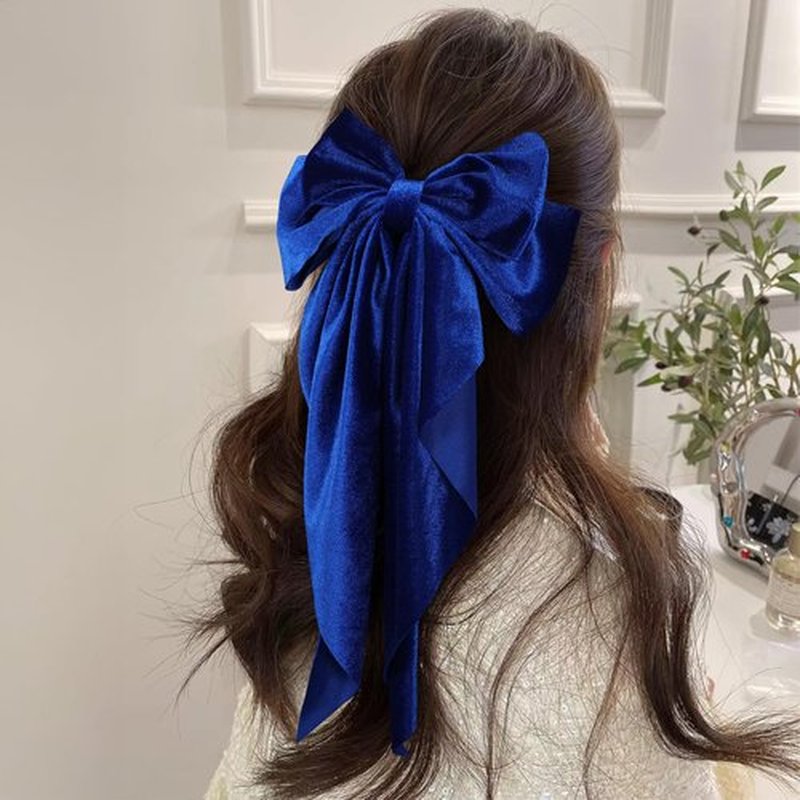 2pc Royal Blue Velvet Ribbon Hair Bows for Women Girls Big Bowknot Hair Clips with Long Tail French Barrette Hair Clamps Wedding Party Hair Decor Accessories