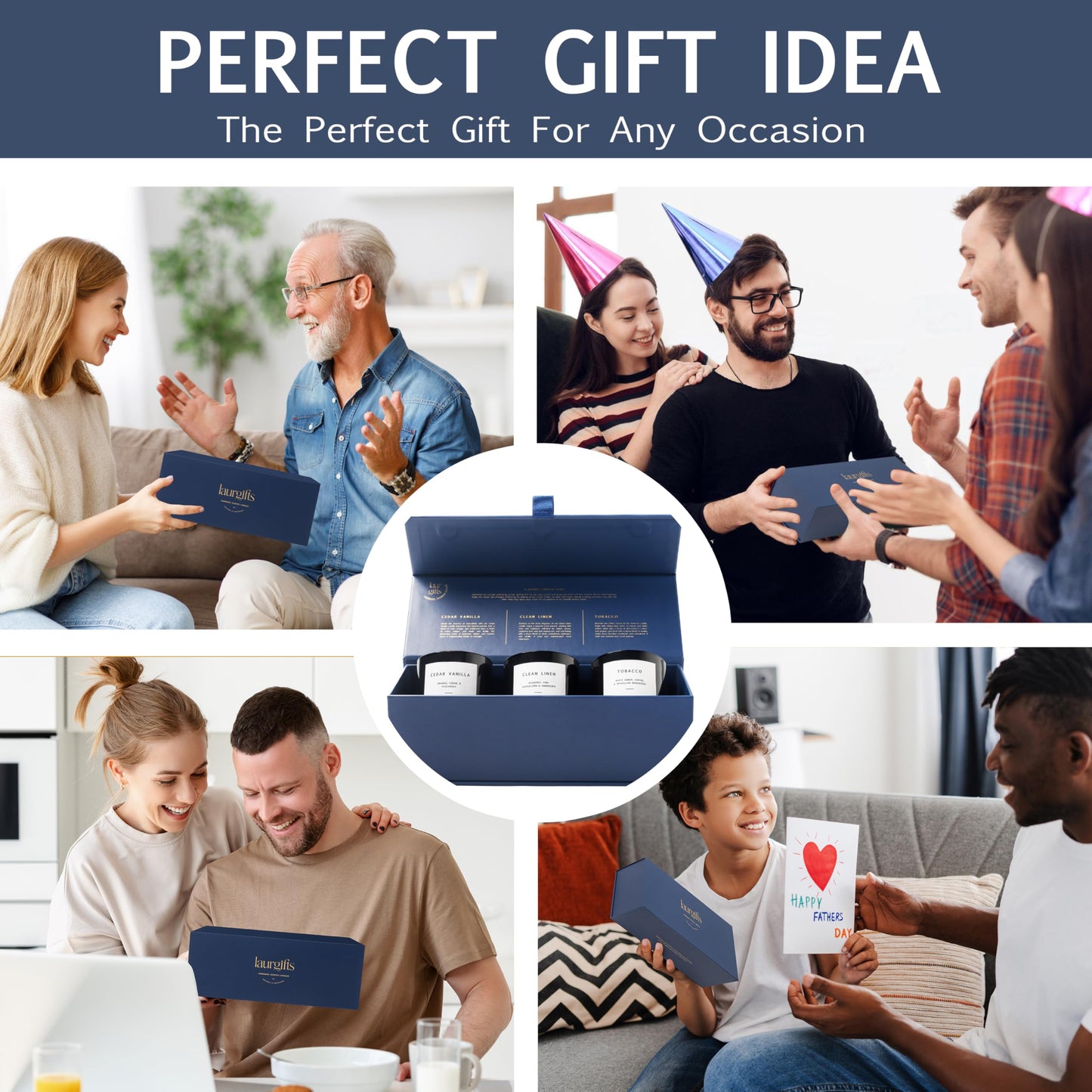Scented Candles for Men – Masculine Candle Gift Set of 3 with Tobacco, Cedar Vanilla & Clean Linen – Luxury Navy Candles Gift Box, Birthday & Valentine’s Gifts for Men, Candles for Boyfriend