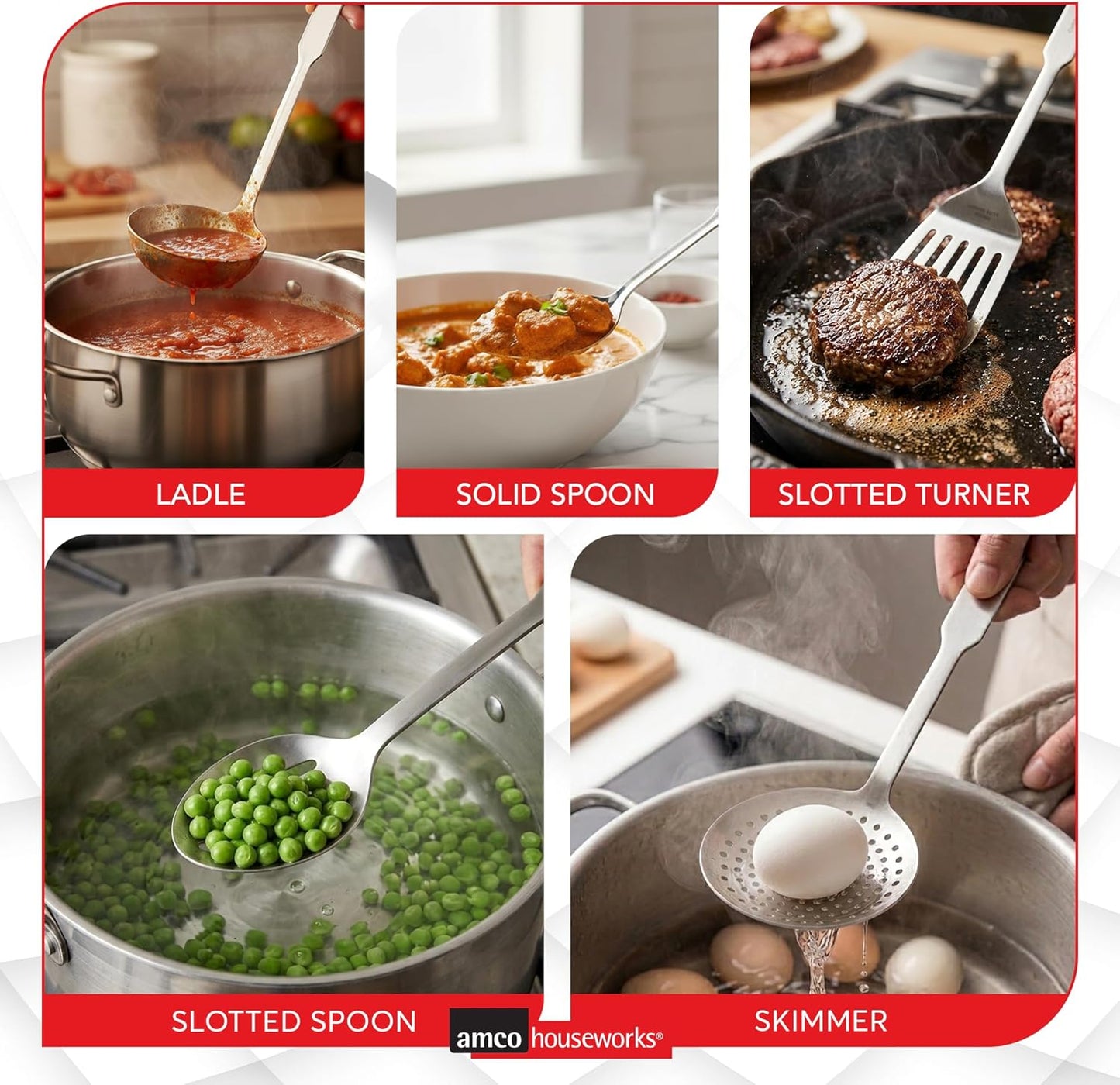 Amco 5-Piece Stainless Steel Cooking Utensil Set | Durable & Easy to Clean Kitchen Tools