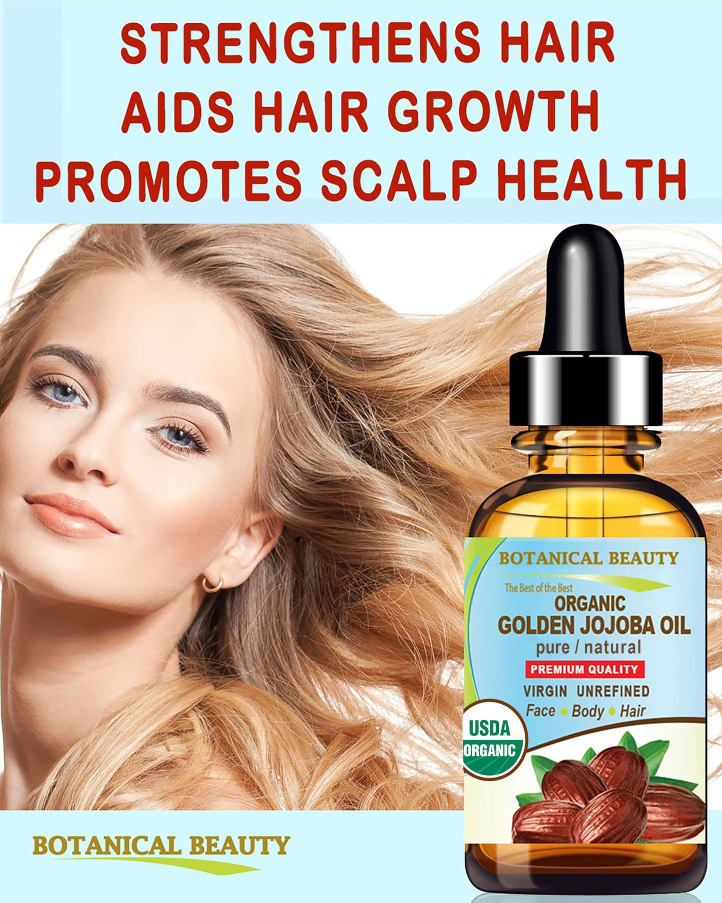 Botanical Beauty Organic JOJOBA OIL 100% Pure Natural VIRGIN UNREFINED Cold-Pressed Carrier Oil 0.5 Fl oz 15 ml for Face, Skin, Body, Hair, Lip, Nails. Rich in Vitamin E, Omega 6, Omega 9