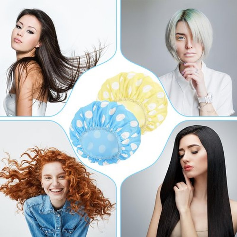 2 Sets Large Shower Caps for Women, Waterproof Shower Cap Double Layers Bath Caps Stocking Stuffers for Women Long Thick Hair (Blue/Yellow)