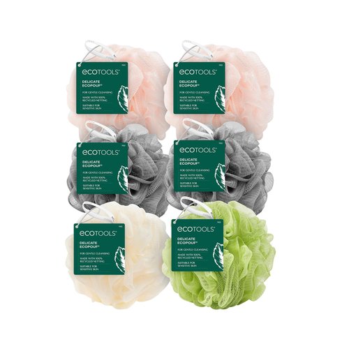 EcoTools Delicate EcoPouf Bath Sponge, Made With Recycled Materials, Exfoliating Bath Pouf, Loofah for Shower & Bath, In Assorted Colors, Green, White, Pink, and Gray, Perfect for Men & Women, 6 Count