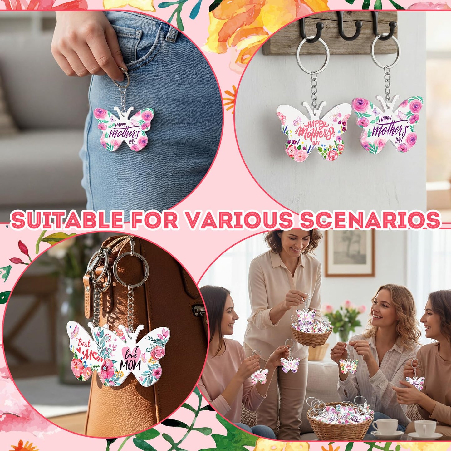 Kigeli 48 Pcs Mom Appreciation Gifts Keychain Bulk Floral Best Mom Ever Keychain from Daughter Son for Mother Birthday Christmas (Butterfly)
