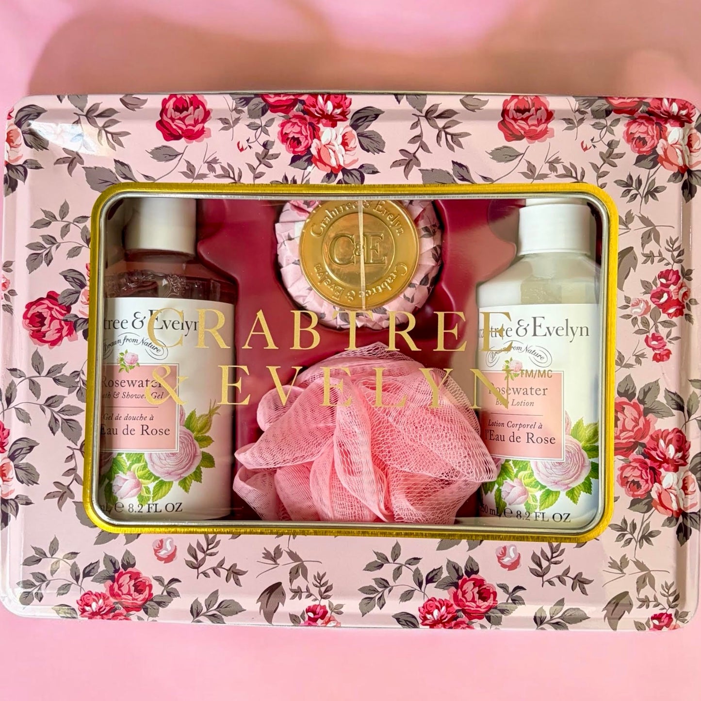Crabtree & Evelyn Rosewater Bath and Shower Gift Set, Body Lotion, Soap, Loofah, 4 Piece