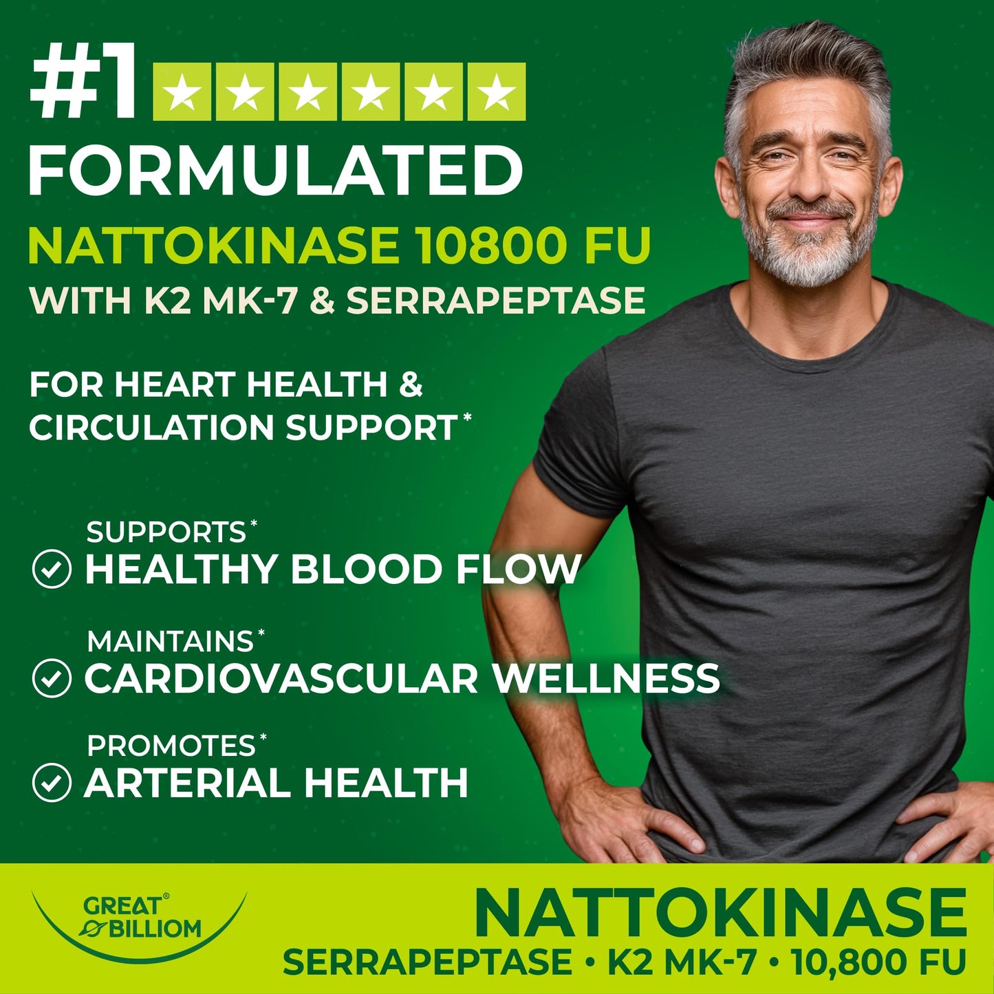 GREAT BILLIOM Nattokinase 10800 FU with Vitamin K2 MK-7 & Serrapeptase 240,000 SPU Supplement – Natto Enzyme, Heart Health Supplements for Blood Flow & Circulation Support, 90 Capsules