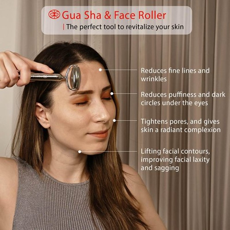 Rena Chris Face Roller & Gua Sha Set, Stainless Steel Massage Tools for Jawline Sculpting and Puffiness Reducing, Beauty & Skincare