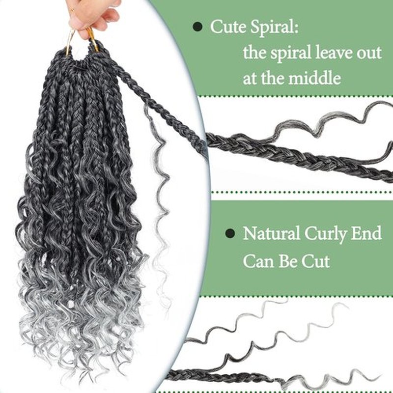 Goddess Box Braids Crochet Hair 10 Inch 8 Packs Pre-looped Bohemian Crochet Boho Box Braids With Curly Ends Grey 3X Crochet Braids Hair for Women Synthetic Braiding Hair (10inch,TGRAY)