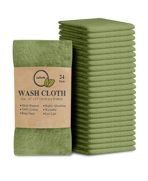 Softolle 100% Cotton Ring Spun Wash Cloths – Bulk Pack of Washcloths – 12x12 Inches – Wash Cloth for Face, Highly Absorbent, Soft and Face Towels (Sage Green, 24 Pack)