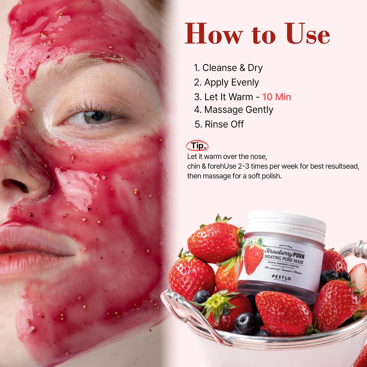 PESTLO Strawberry PDRN Heating Pore Mask (2.46 oz.) – Warming Pore Mask with Strawberry Seeds, Berry PDRN & Collagen for Gentle Exfoliation, Smooth & Radiant Skin