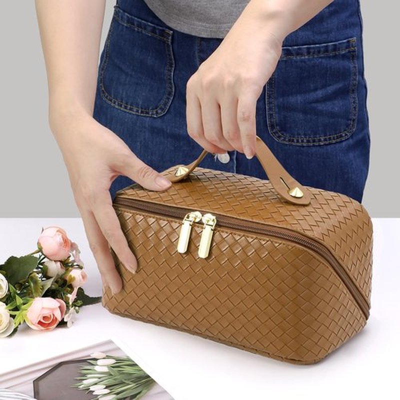 ALEXTINA Large Capacity Travel Cosmetic Bag - PU Leather Makeup Organizer Bag Portable Woven Makeup Bags for Women Waterproof Travel Toiletry Bag with Divider Pouch, Brown