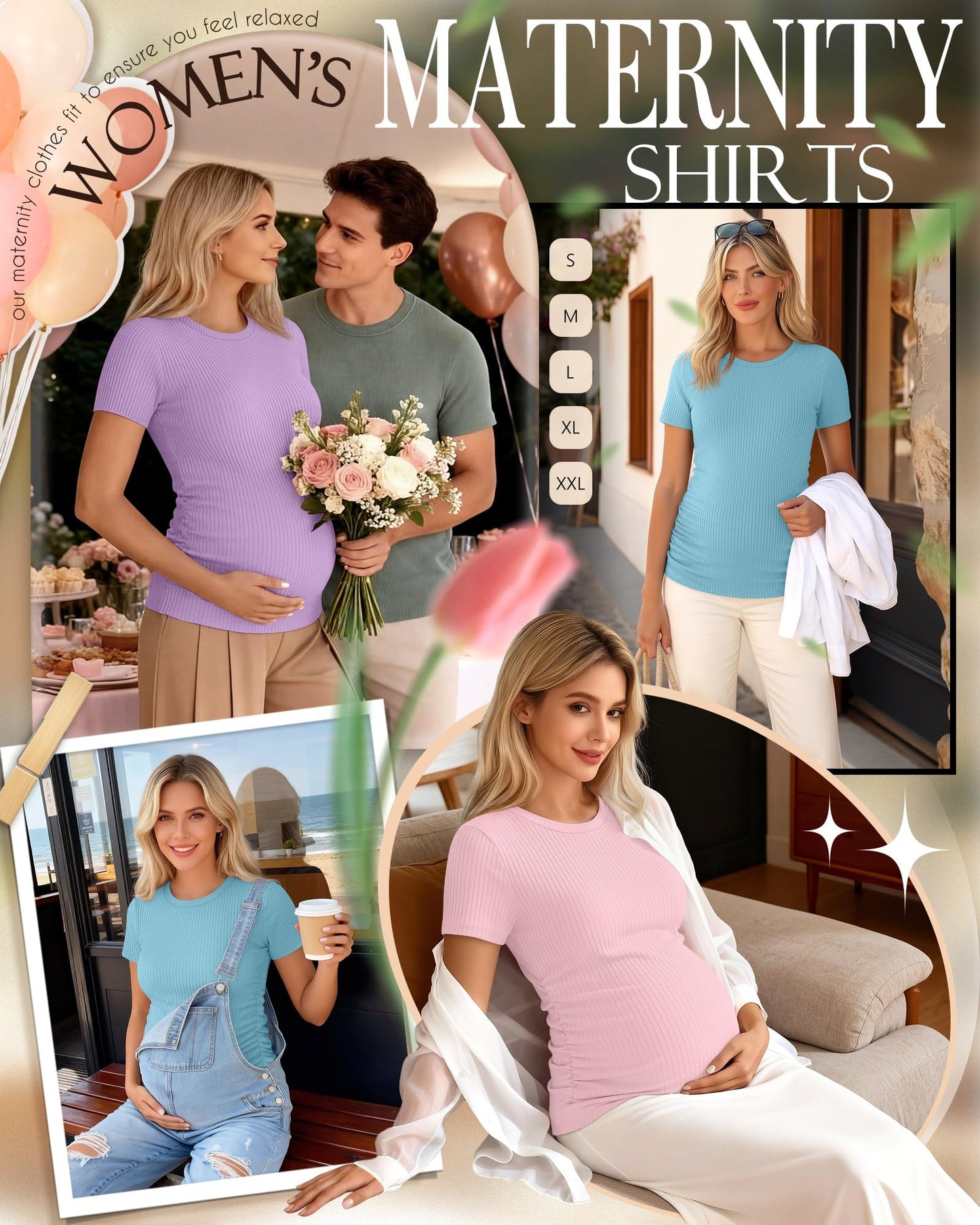 Ficerd 3 Pack Maternity Shirts for Women, Cotton Ribbed Pregnancy Tops Short Sleeve Side Ruched Summer Casual Mama Clothes(Medium,Light Sky Blue, Light Purple, Light Pink)