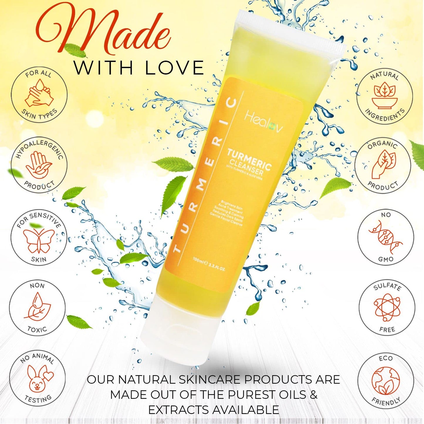 Healov Turmeric Face Wash, Turmeric Clear Skin Liquid Soap – 100% Natural Anti Aging Exfoliating Facial Cleanser for Spots, Clearing Acne Scars, Age Spots, Sun Damage, Discoloration – Bath Soap