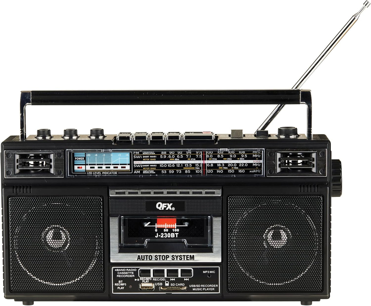 Bluetooth Cassette Boom Box | USB/SD Card AM/FM Radio with Recording & Built-in Mic
