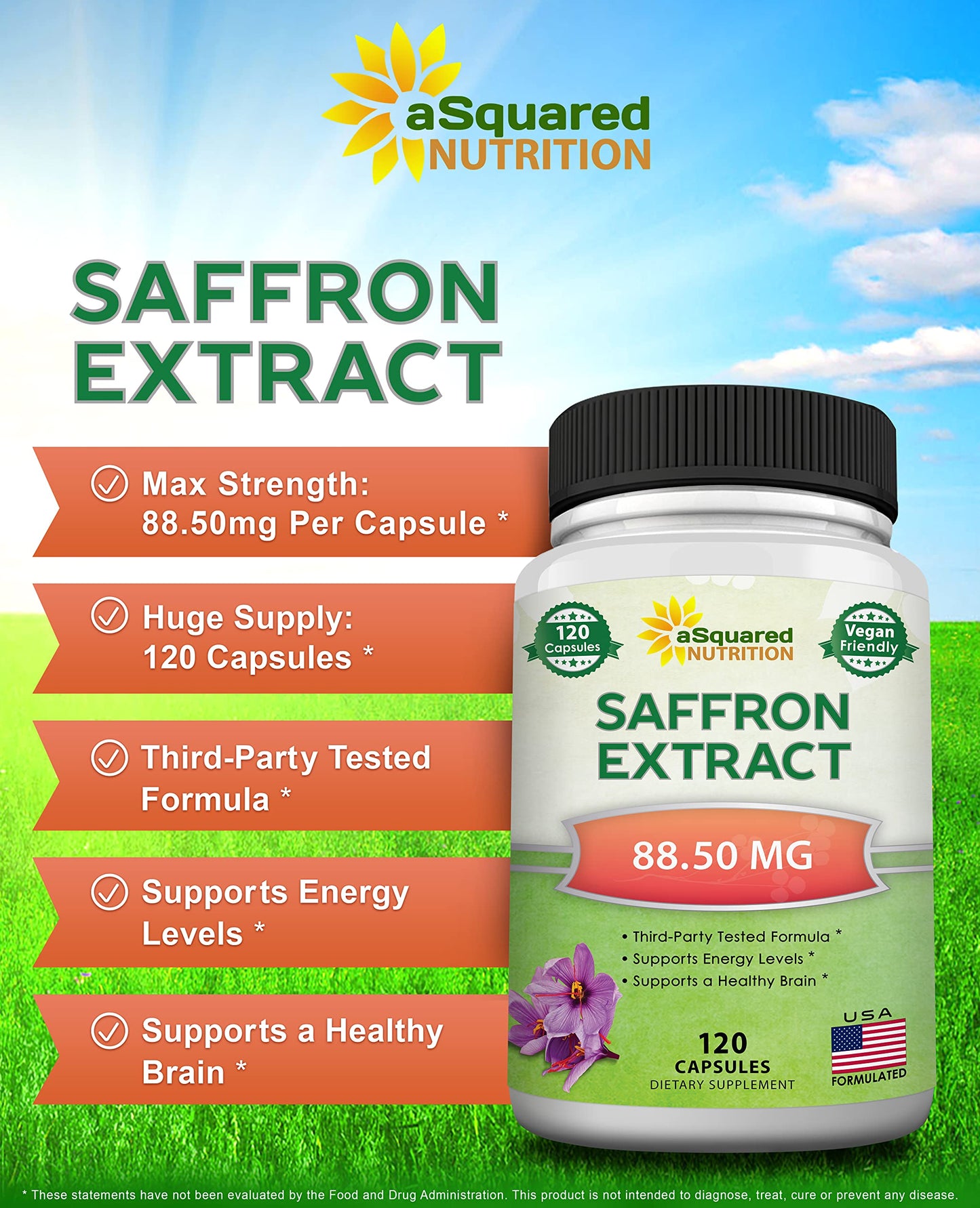aSquared Nutrition Saffron Supplements - 120 Capsules - Saffron Extract Supplement Pills for Energy, Focus and Mood - Pure Saffron Alternative to Powder, Tea, Threads & Gummies