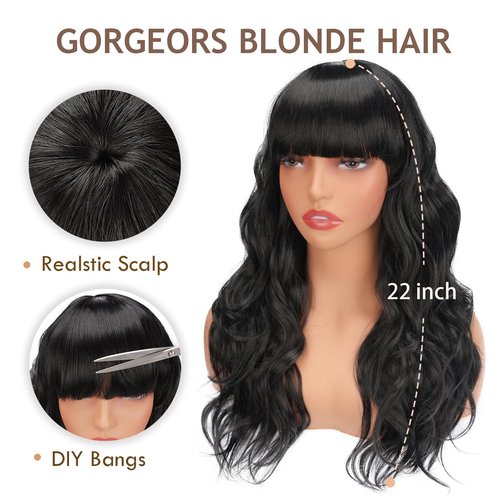 BESSY HAIR Long Black Wig With Bangs Curly Wavy Wigs for Women Natural Looking Synthetic Wig Daily Party Cosplay Use
