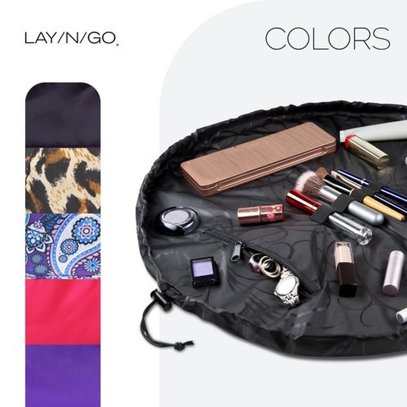 Lay-n-Go Cosmo Drawstring Cosmetic & Makeup Bag Organizer - Portable Drawstring Makeup Bag w/Zipper Pocket, Makeup Loops & More - Durable, Machine Washable Makeup Bag for Travel (22”, Black)