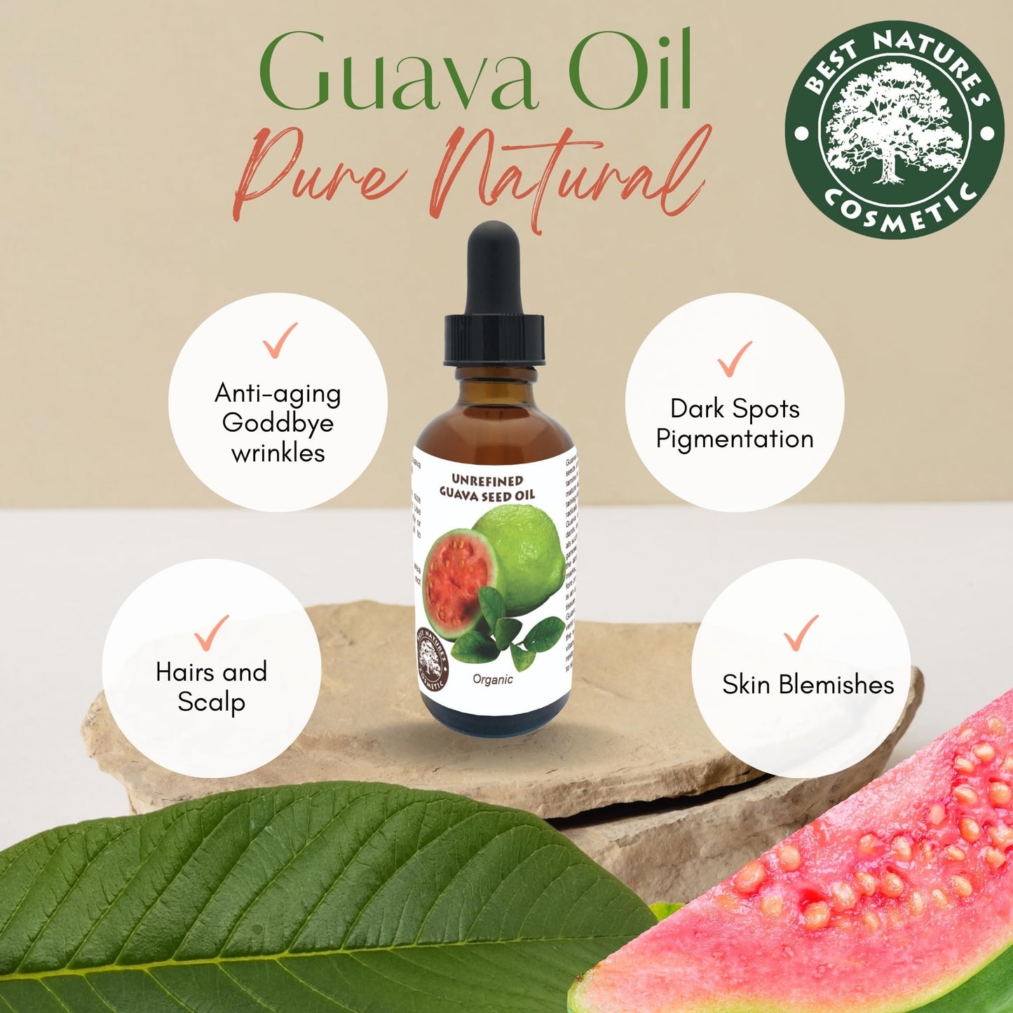 Best Nature's Cosmetics Organic Guava Seed Oil cold pressed for Skin & Hair – Vitamin C Rich, Antioxidant-Rich Hydrating Oil for Glowing Skin & Frizz-Free Hair 2 oz / 60 ml