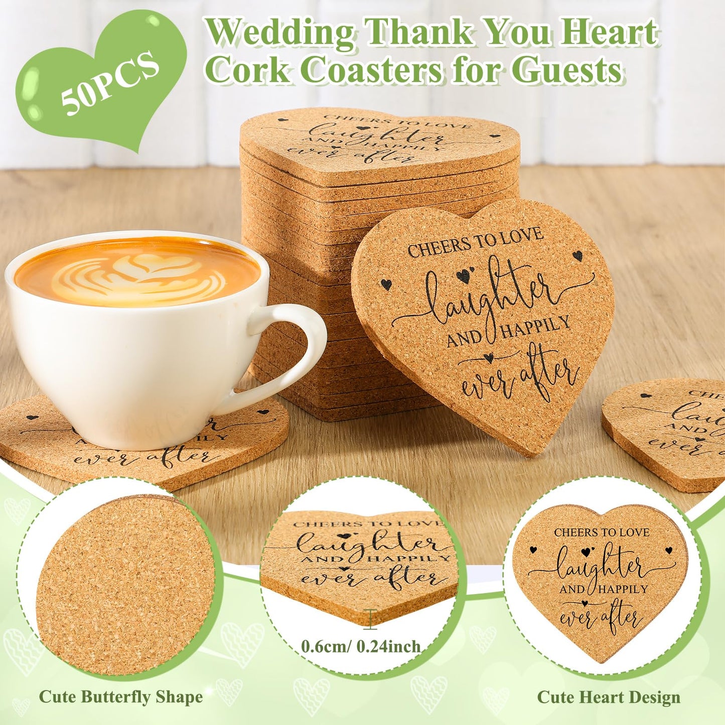 Uiifan 50 Set Wedding Favors for Guest Coaster Gifts Bulk Heart Shaped Coasters Thank You Cards Organza Bags Guest Souvenirs for Wedding Party Bridal Favors