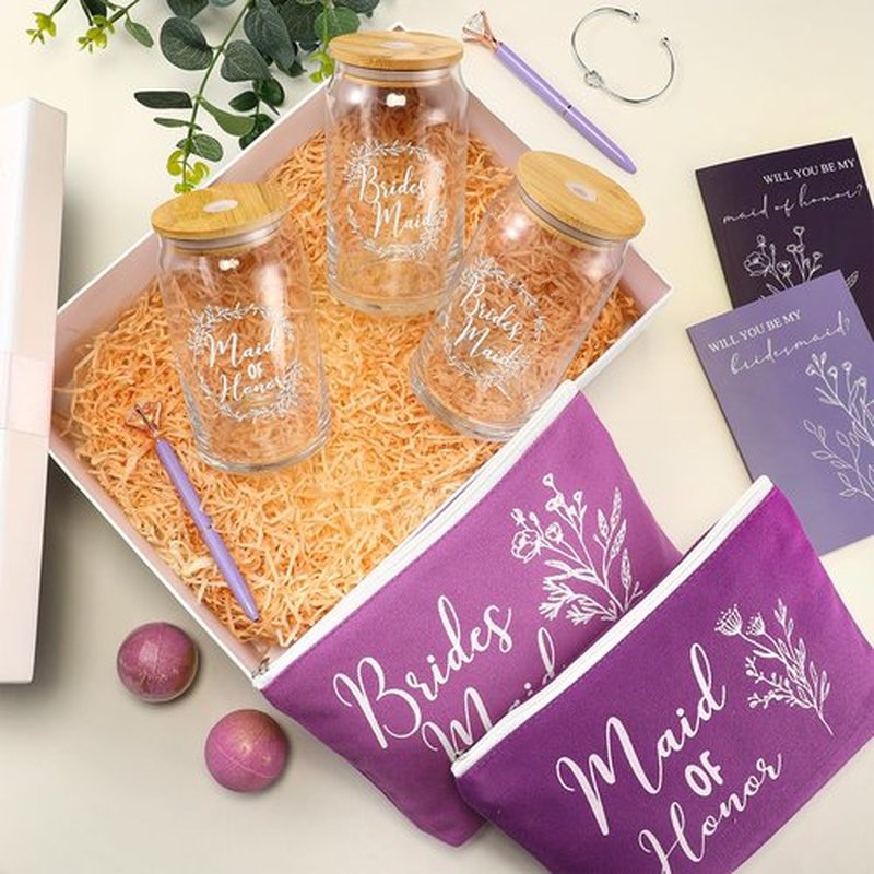 Skybooly 18 Pcs Bridesmaid Proposal Gifts Maid of Honor Gifts Including Brides Maid Glass Cup Makeup Bag Diamond Pen Bracelet Invited Cards for Wedding Party Favors(Purple)