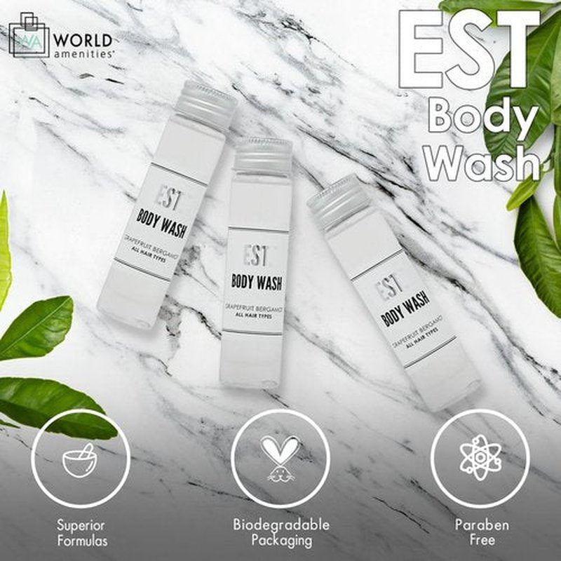 World Amenities EST. Body Wash with Grapefruit-Bergamot fragrance, Biodegradable/Recyclable Bottle with Screw Top, 1.41oz / 40ml, Pack of 48