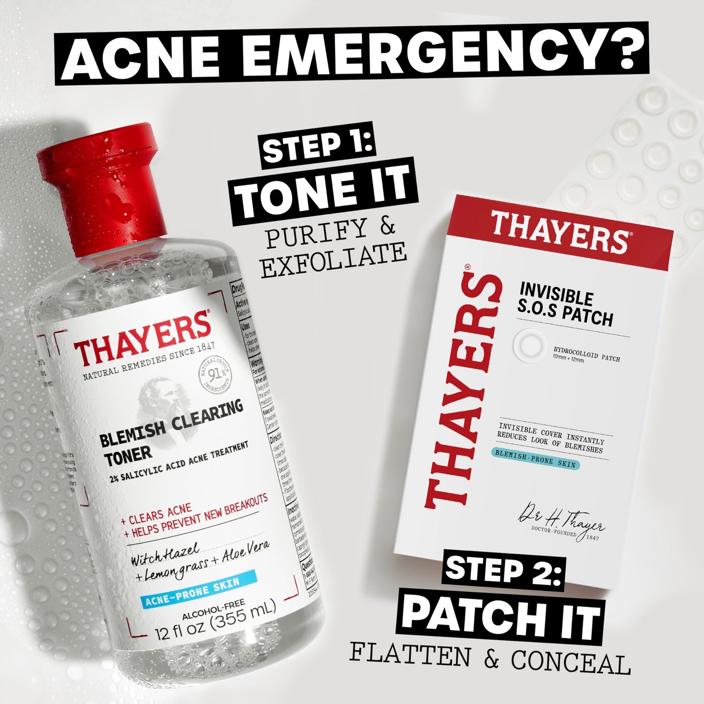 Thayers Blemish Clearing Salicylic Acid Toner, Soothing and Non-Stripping Skin Care,12 Fl Oz + Thayers Invisible S.O.S Hydrocolloid Acne Pimple Patch, Ultra-Thin Design, Set of 22 Pimple Patches