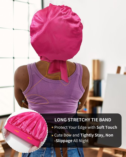 Satin Bonnet for Women Silk Bonnets for Sleeping Curly Hair Bonnet with Elastic Tie Band Reversible Double Layer Sleep Cap Hair Wrap (Rose Red + Pink)