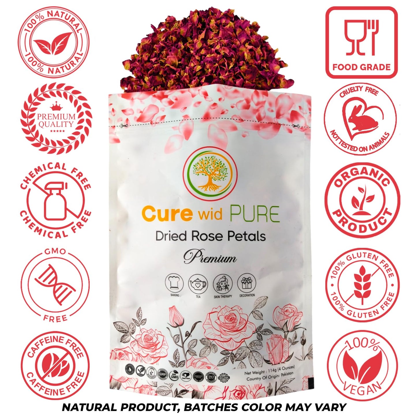 Cure wid Pure Organic Dried Rose Petals 4oz - Food Grade Edible Rose Petals