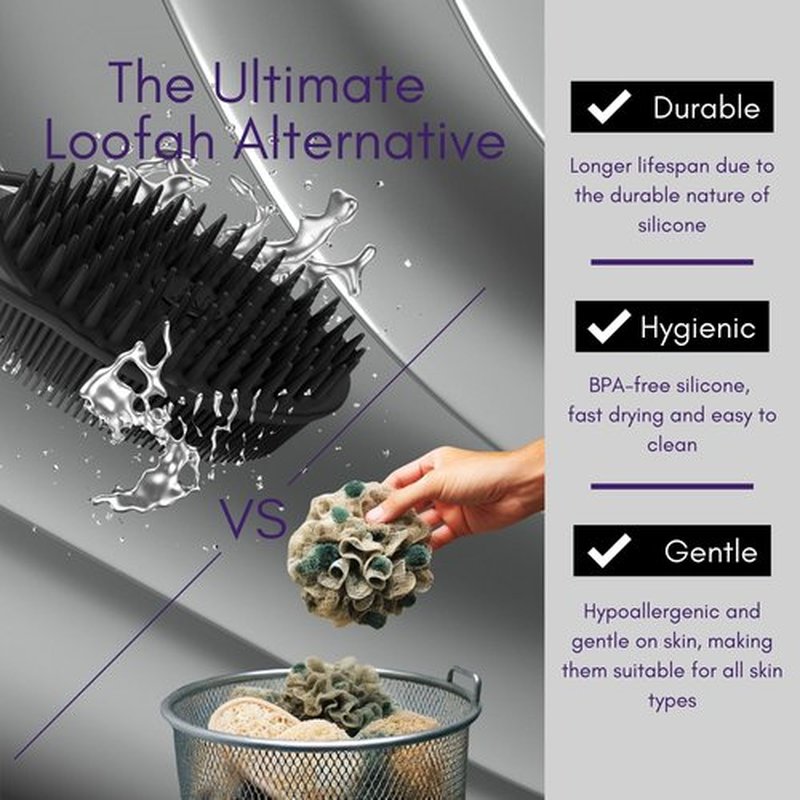 Avilana Silicone Body Scrubber – Dual-Sided Silicone Loofah for Shower, Body Scrubber for Men & Women, Gentle Loofa Alternative, Easy-to-Clean Silicone Body Scrubber Exfoliator (S3-Black with Silver)