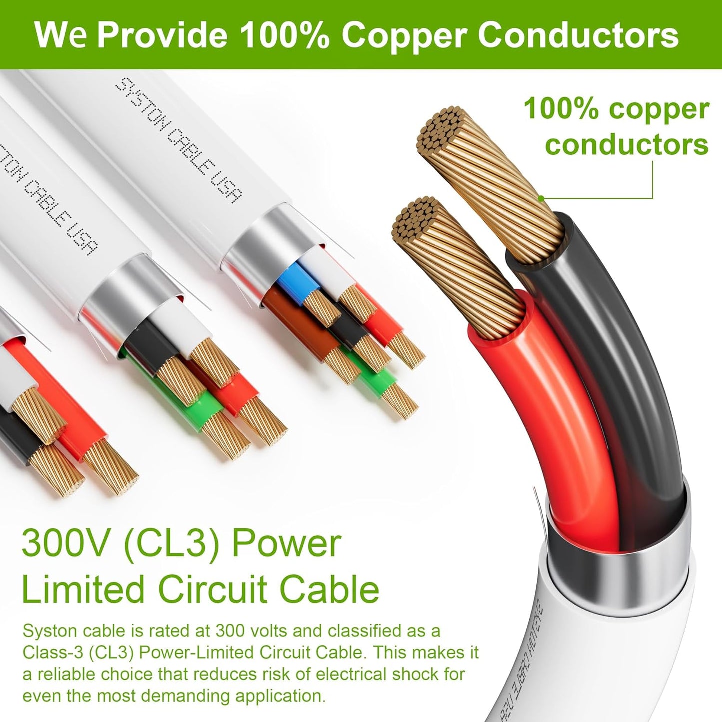 SYSTON Fire Security Alarm Cable - 16 AWG 2 Conductors, Plenum-Rated CMP/CL3P, 100 FT for Indoor/Outdoor Use