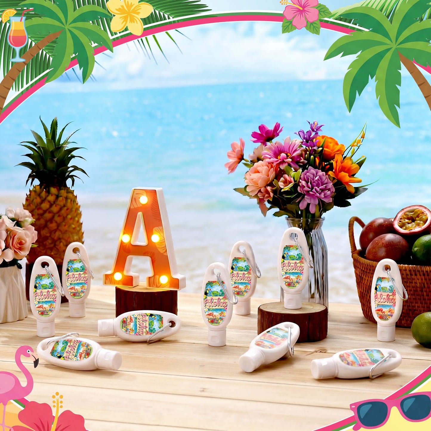 Leelosp 30 Pcs Luau Party Mini Sunscreen with Carabiner Bulk Travel Size 1 Fl. oz. Spf 30 Water Resistant Mini Sunblock Lotion Keychain Tropical Summer Beach Pool Aloha Haiwaii Party Supplies