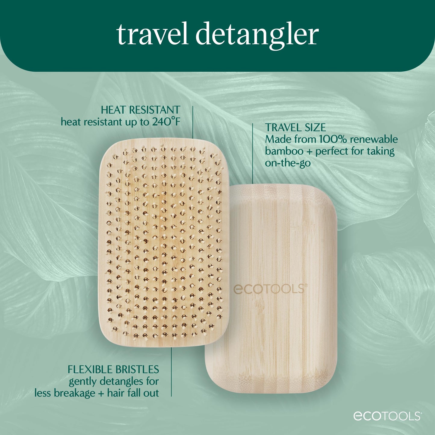 EcoTools Travel Detangler Hairbrush, Gently Detangle & Smooth Hair, Brush For Wet Or Dry Hair, Heat Resistant, Mini Renewable Bamboo Hairbrush For Styling On-The-Go, Vegan & Cruelty-Free, 1 Count