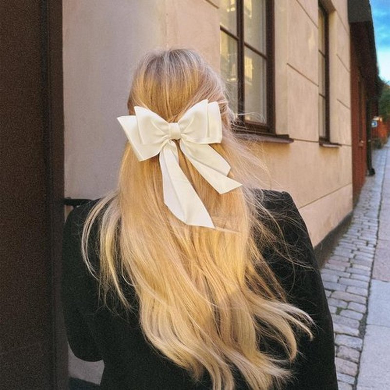 Hair Bows for Women Girls Silky Satin Big Bows Hair Barrettes Oversized Hair Accessories Long Tail Hair Ribbons -3Pcs -Yellow Beige Sky Blue