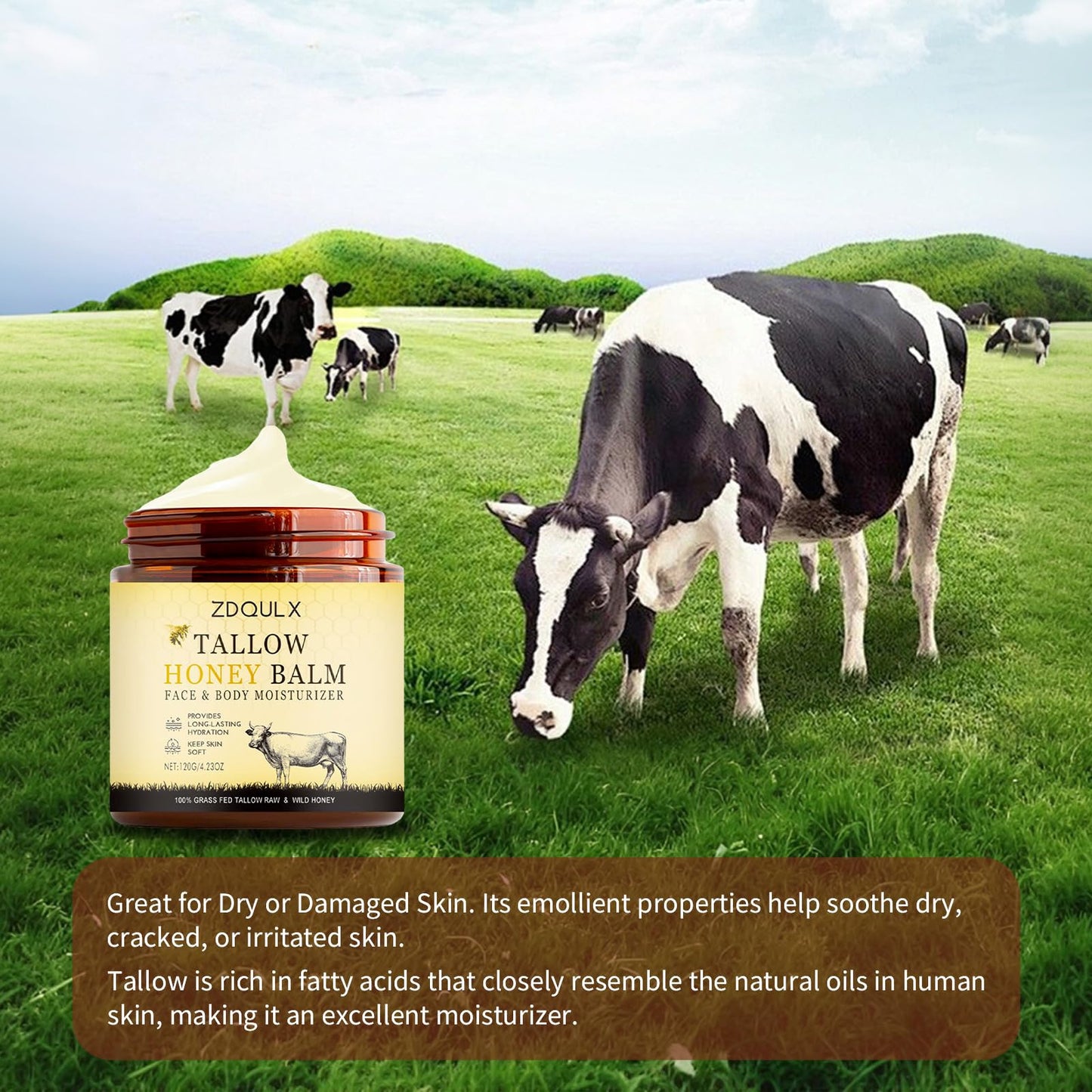ZDQULX Grass-Fed Beef Tallow Balm with Raw Honey- Facial Moisturizer Cream Beef Tallow for Skin Natural Deeply Moisturizing for Face & Body Sensitive Dry Skin Repair 4.23 Oz