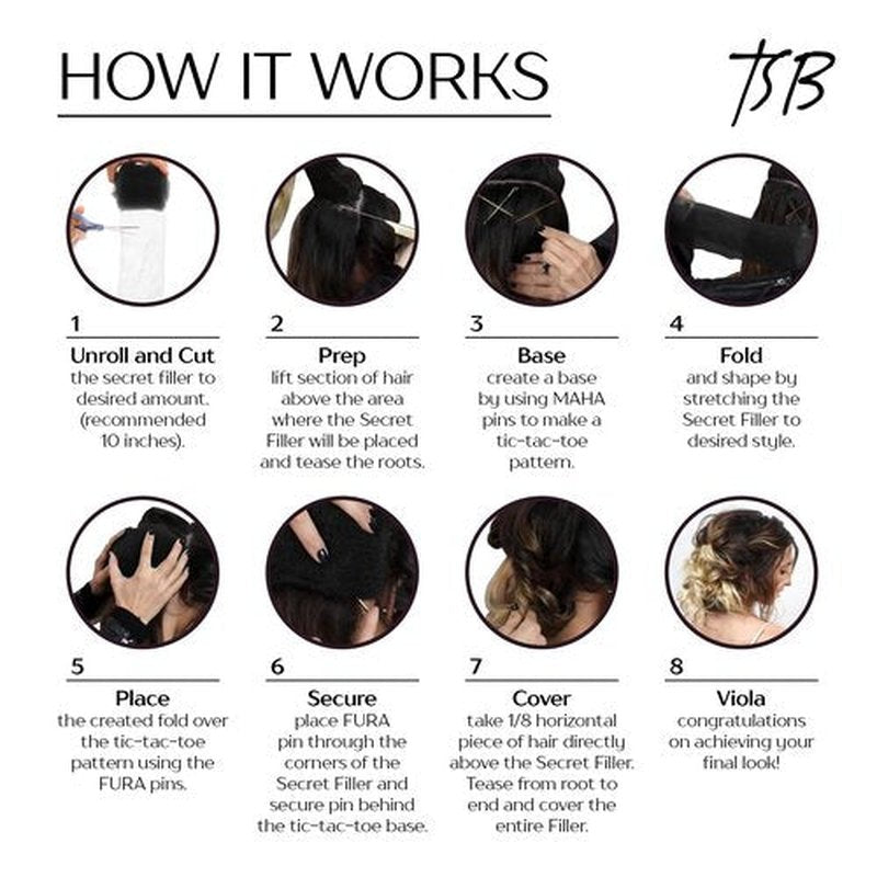 TSB Hair Filler, Black, 1 Pack - Patent Pending Volume and Bun Maker Tool - Ultimate Hair Bumps for Brides, Performers - Non-Irritating, All-Day Hold