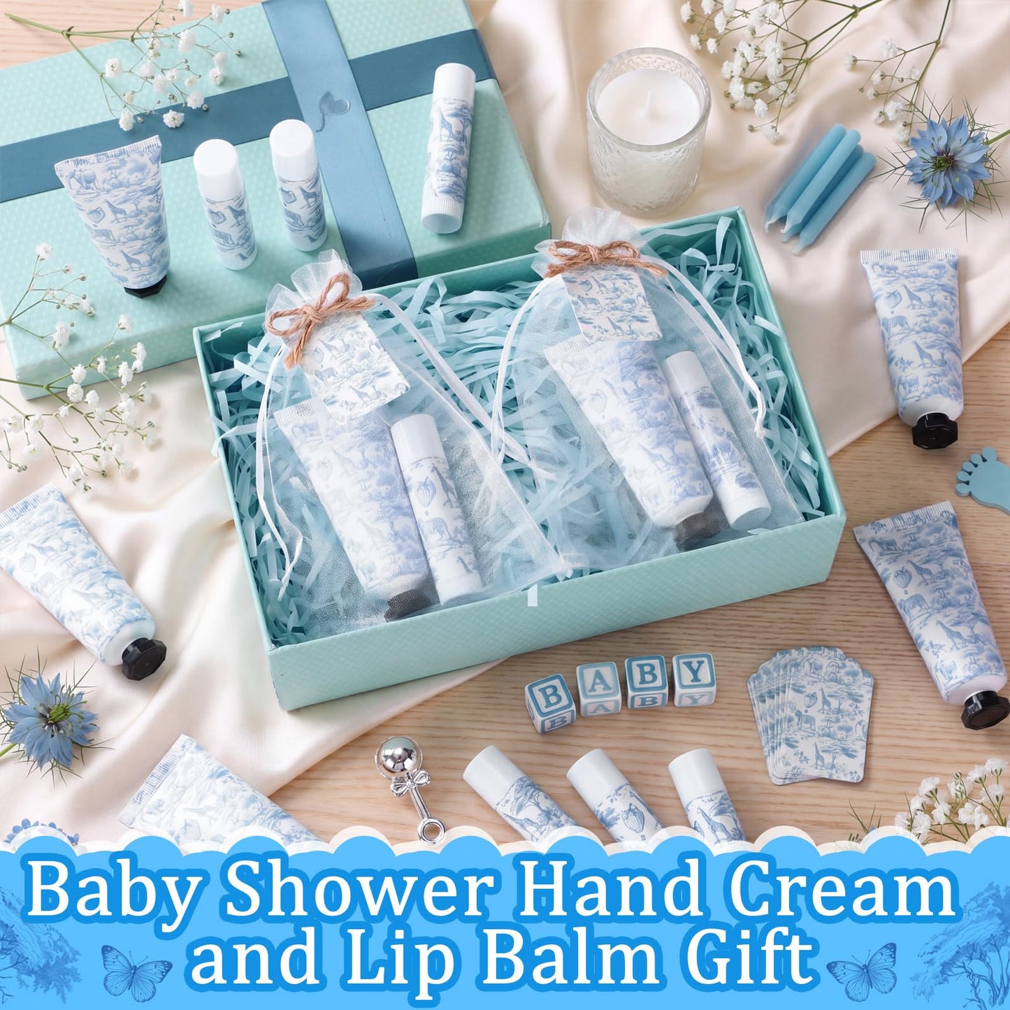Qunclay 30 Sets Toile De Jouy Baby Shower Hand Cream and Lip Balm Gift Set Blue Chinoiserie Safari Animals Travel Size Hand Lotion Lip Balm Gifts Baby Bridal Shower Party Supplies for Guests