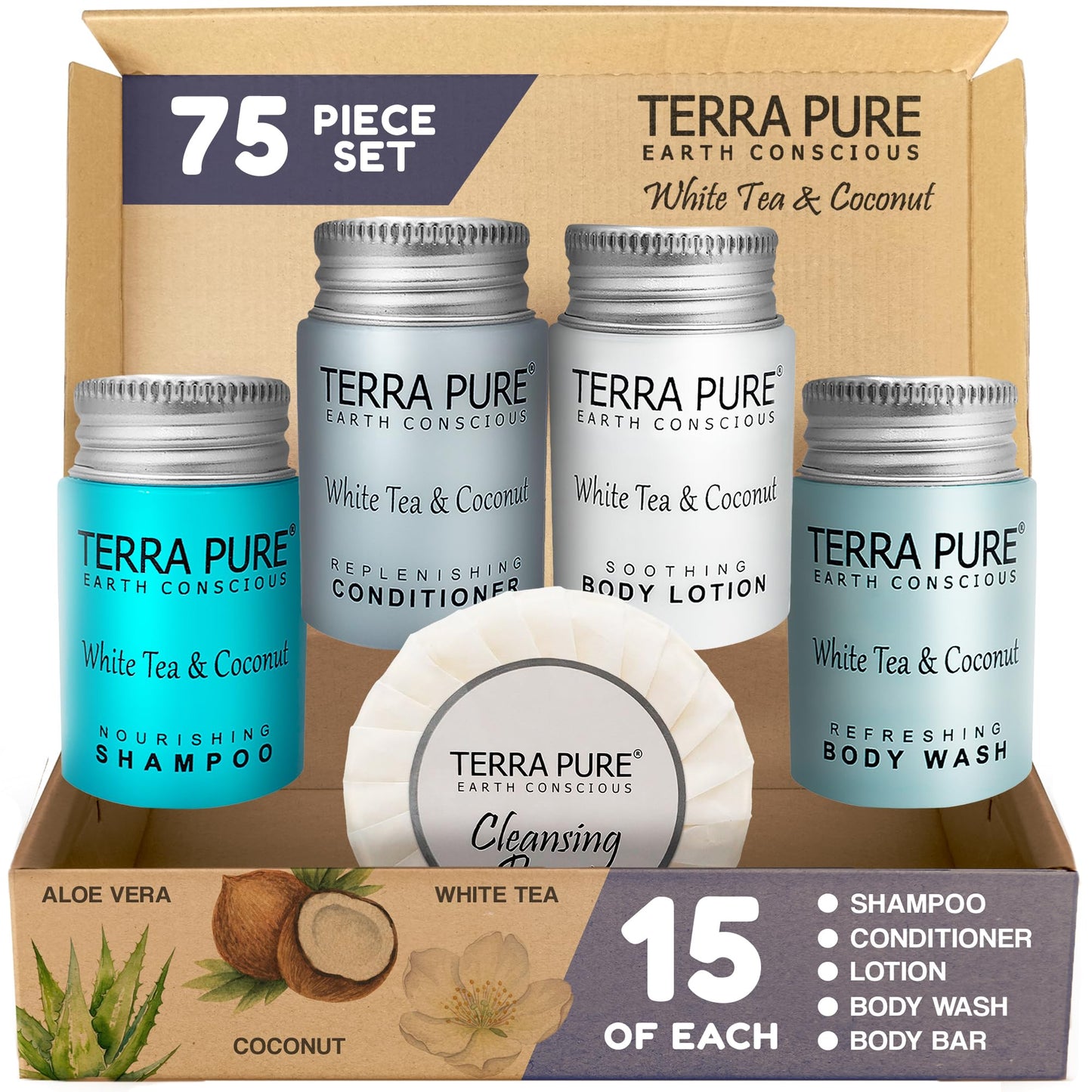 Terra Pure White Tea & Coconut Toiletries Set | 1-Shoppe Amenities Kit | 1oz Liquids, 1.25oz Bar Soap | Hotels, Airbnb & Rentals | 75 Pieces