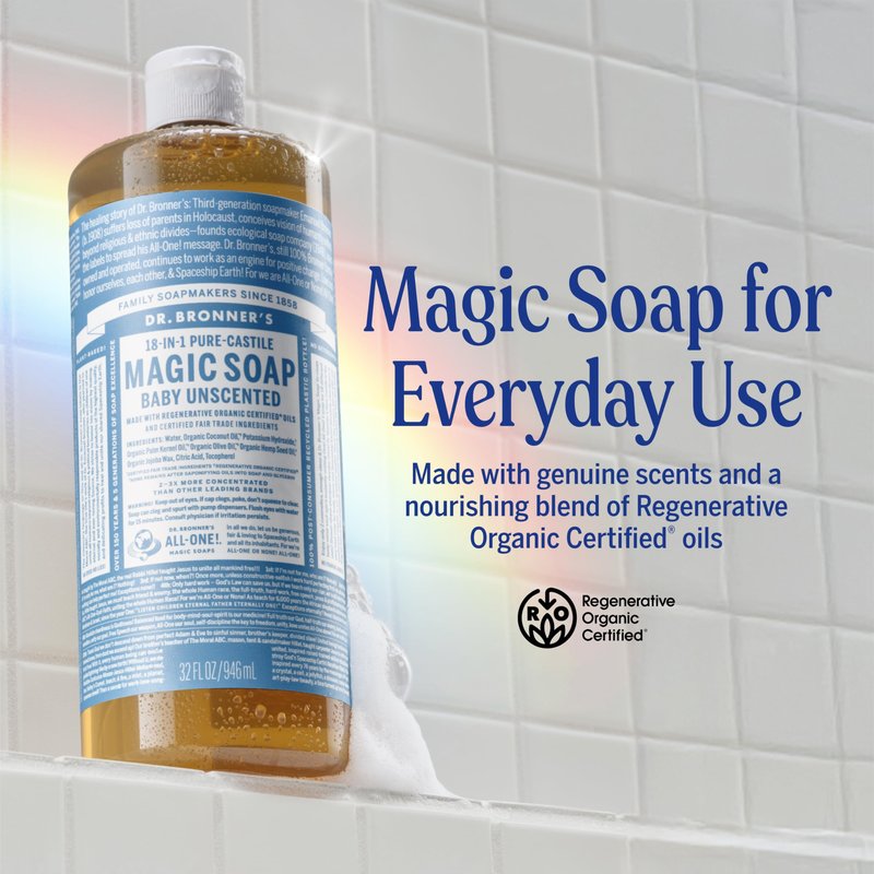 Dr. Bronner's Pure-Castile Magic Liquid Soap Made with Regenerative Organic Oils, Vegan, Concentrated, Body Wash- For Face, Hair, Laundry - 32oz Variety 3-Pack (Peppermint, Baby Unscented, Lavender)
