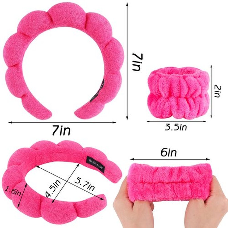 Zkptops Spa Headband for Washing Face Wristband Set Sponge Makeup Skincare Terry Cloth Bubble Soft Get Ready Hairband for Women Girl Puffy Padded Headwear Non Slip Thick Hair Accessory(Hot Pink)