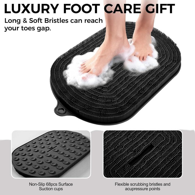 Wall Back Scrubber - Silicone Exfoliating Bath Mat with Non-Slip Suction Cups | 20.9"x13.8" Black