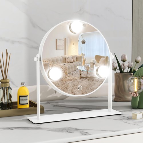 ROLOVE 10"x10" Lighted Makeup Mirror, Hollywood Vanity Mirror with 3 Dimmable LED Bulbs, Dimmable Touch Screen, Light up Mirror, Portable Travel Mirror, 360° Rotation, White