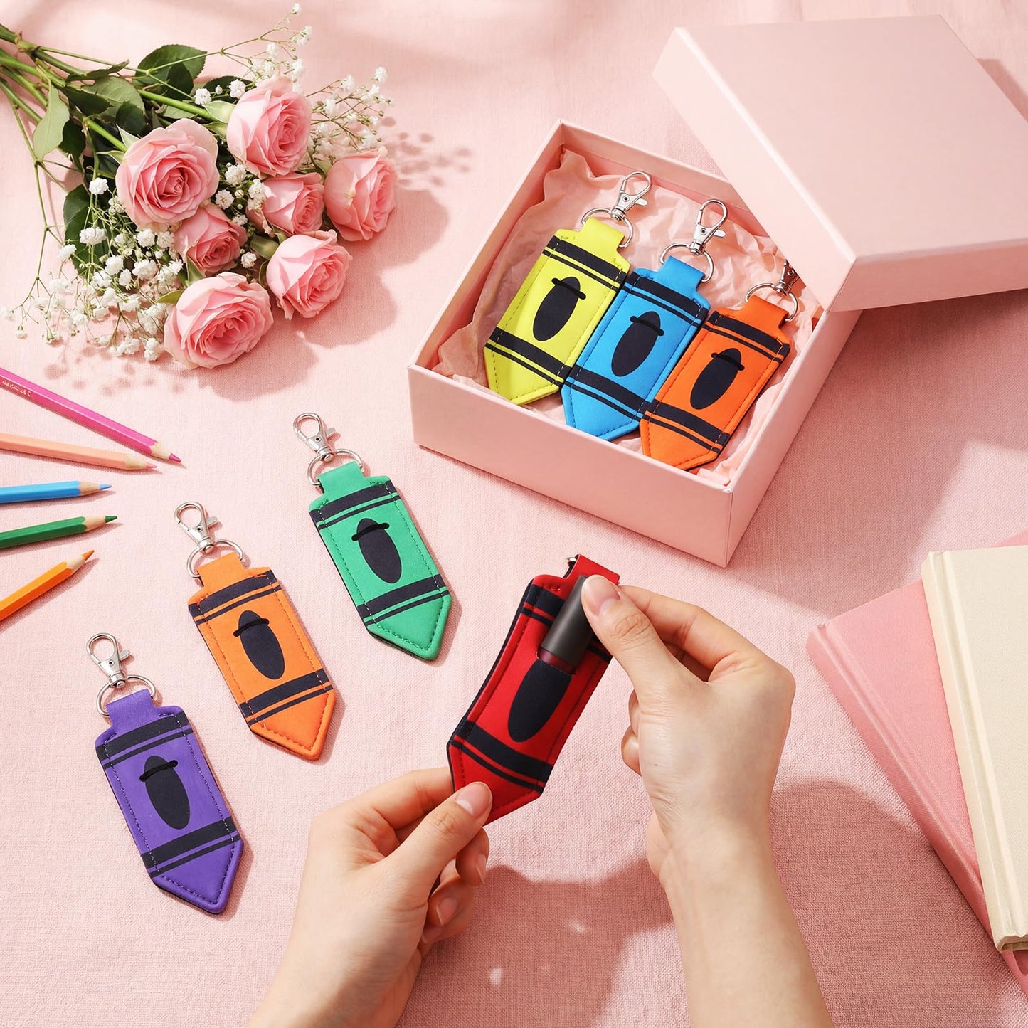 Abbylike 20 Pcs Lipstick Holder Keychain Lip Balm Holder Lipstick Keychain Bulk Pouch Portable Lip Balm Bag with Hook Back to School for Women Teacher Gift (Crayon)
